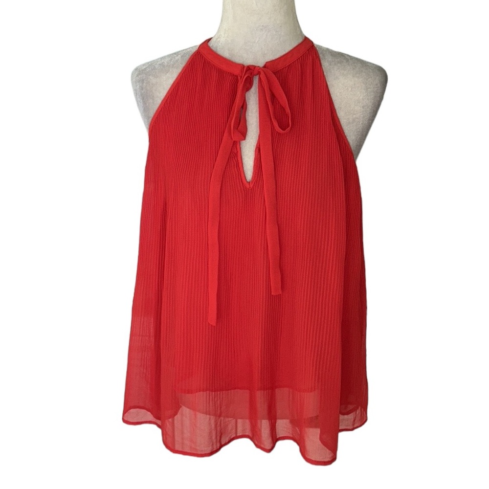 Zara Red Plisse Pleated Tie Neck Cutout Chiffon A-Line Halter Tank Top - M